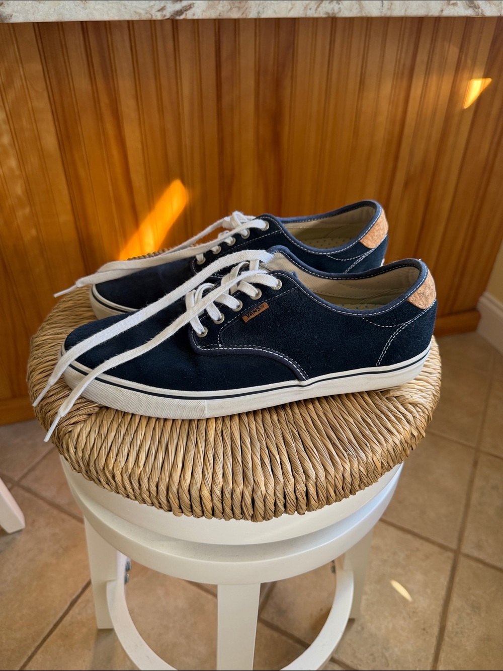 Vans Men’s Navy Canvas Sneakers with Tan Heel Accent